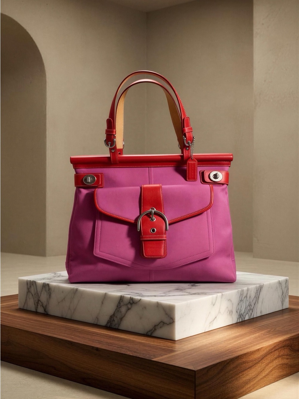 Coach Leather-Canvas Soho Women's Pink and Red Top-Handle Tote